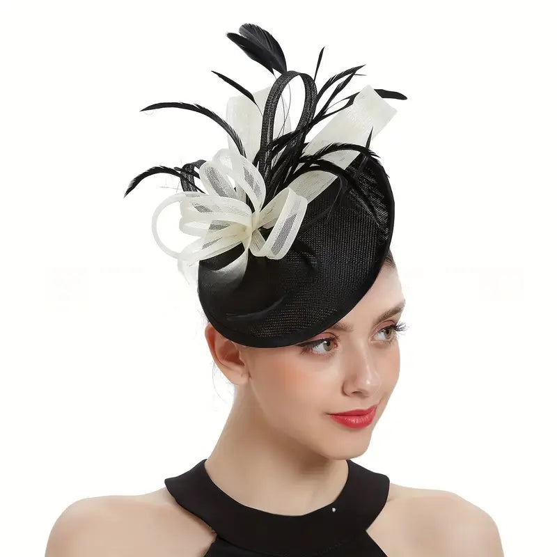 Women Hat - Formal Feather (Black-White)